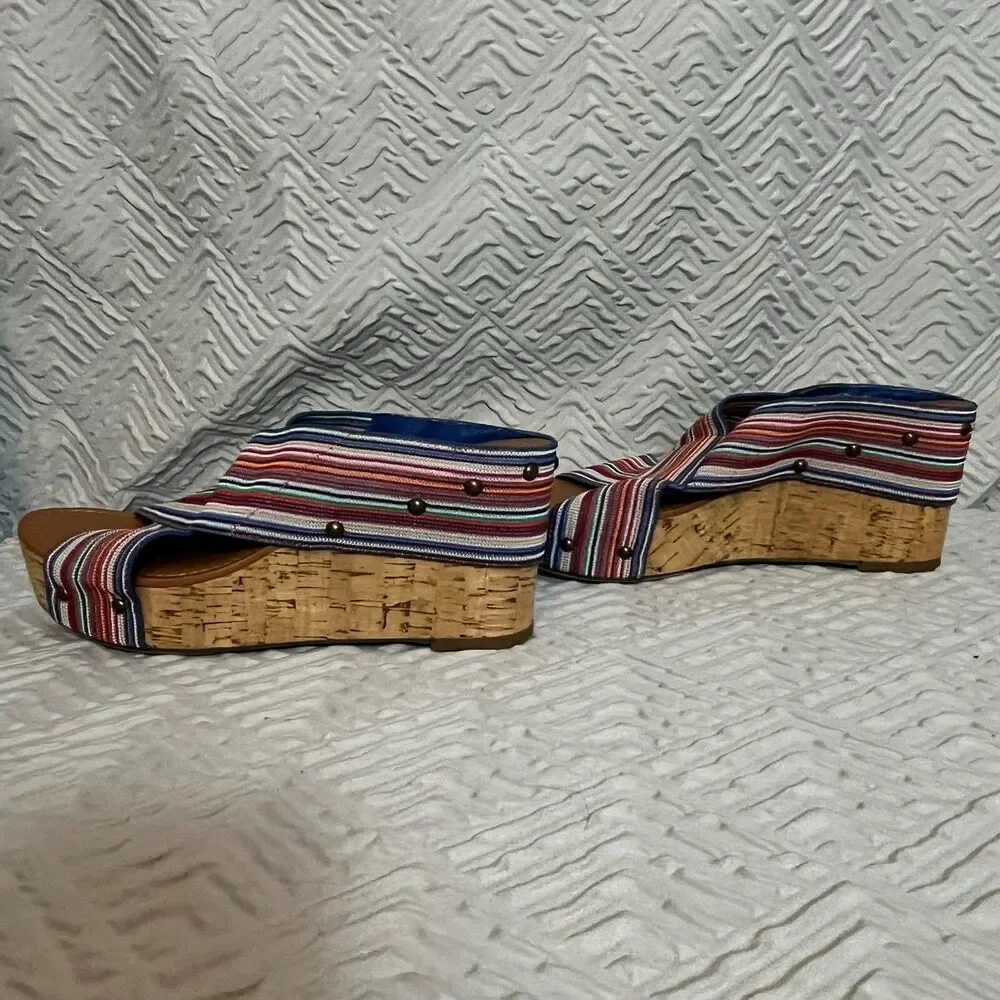 Crown Vintage Multicolor Sandals Womens 8M Crisscross Wedge Cork Fabric Summer